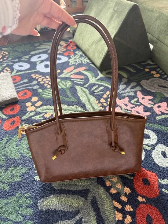 Brown Shoulder Bag with Gold-Tone Accents - Picture 2 of 5